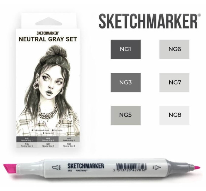 Маркеры для скетчинга SketchMarker набор 6 шт, Neutral Gray, Натуральные серые SM-6NTGR