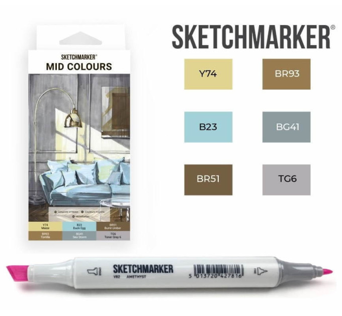 Маркеры для скетчинга SketchMarker набор 6 шт, Mid colours, Средние тона SM-6MID