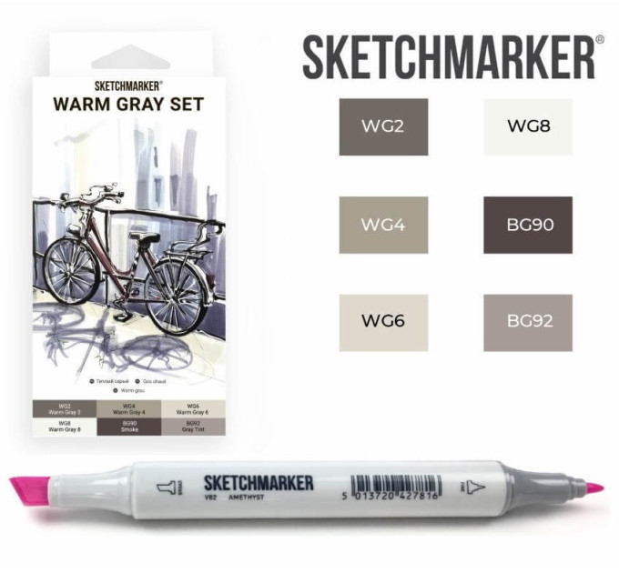 Маркеры для скетчинга SketchMarker набор 6 шт, Warm Gray, Мокрый серый SM-6WMGR