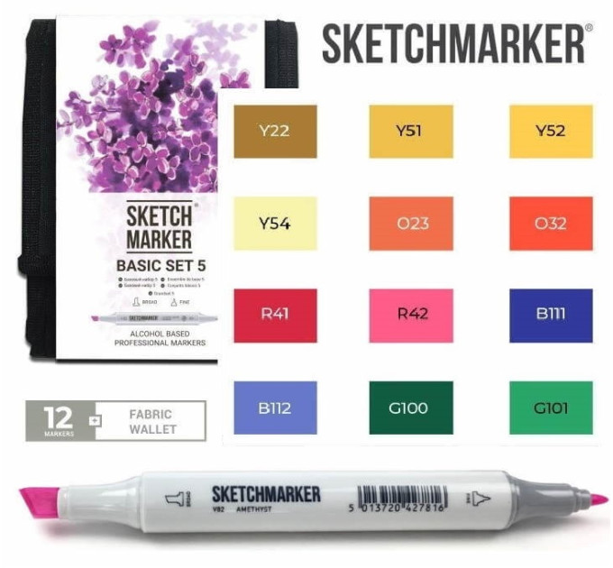 Маркеры для скетчинга SketchMarker набор 12 шт Basic 5 Базовые цвета 5, SM-12BAS5
