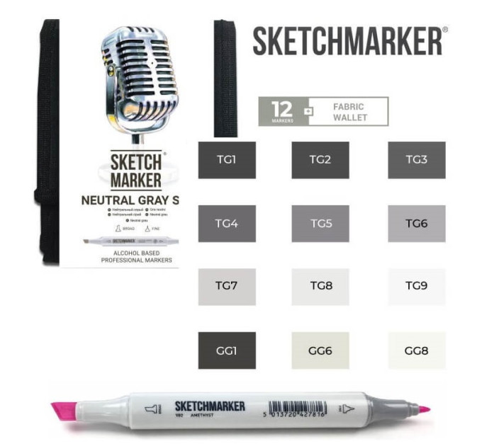 Маркеры для скетчинга SketchMarker набор 12 шт Neutral Grey, Натуральные серые, SM-12NTGR