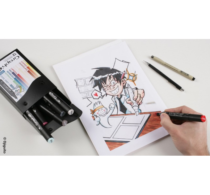 Набір двосторонніх маркерів Manga, Основні кольори, 12шт, Graphit